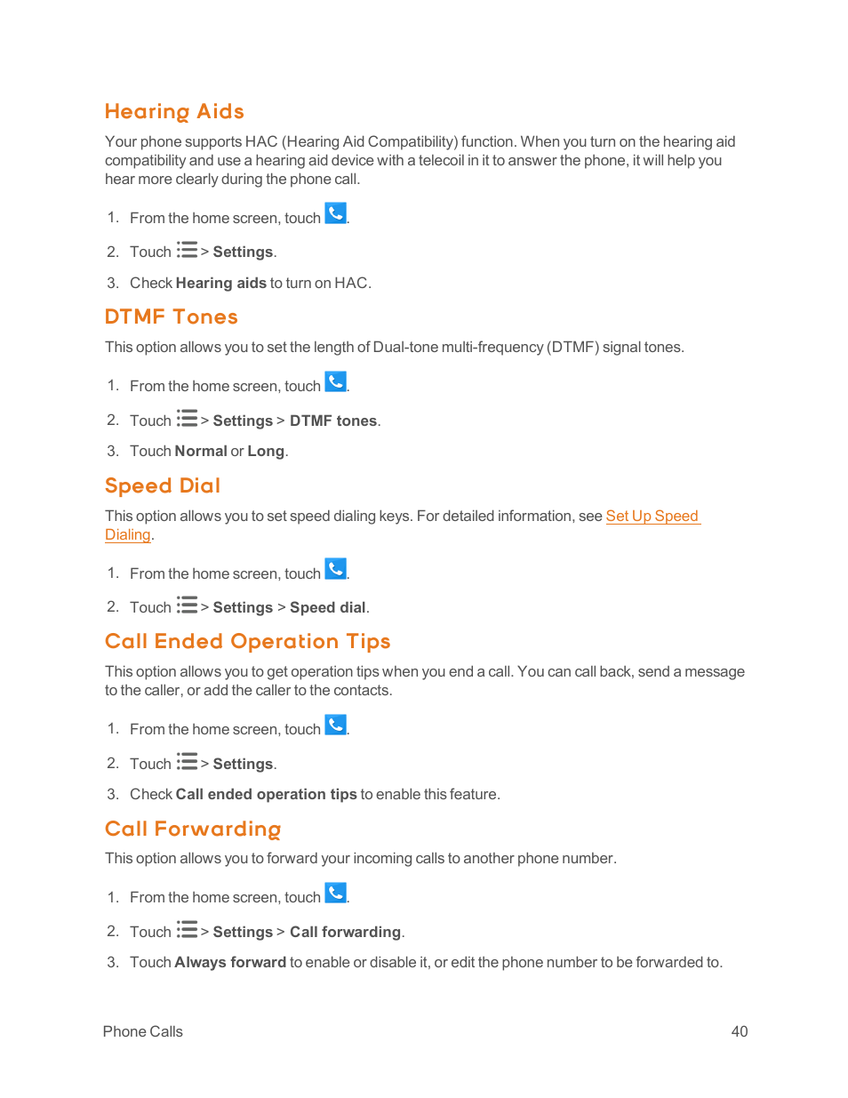 Hearing aids, Dtmf tones, Speed dial | Call ended operation tips, Call forwarding | ZTE Speed User Manual | Page 50 / 162