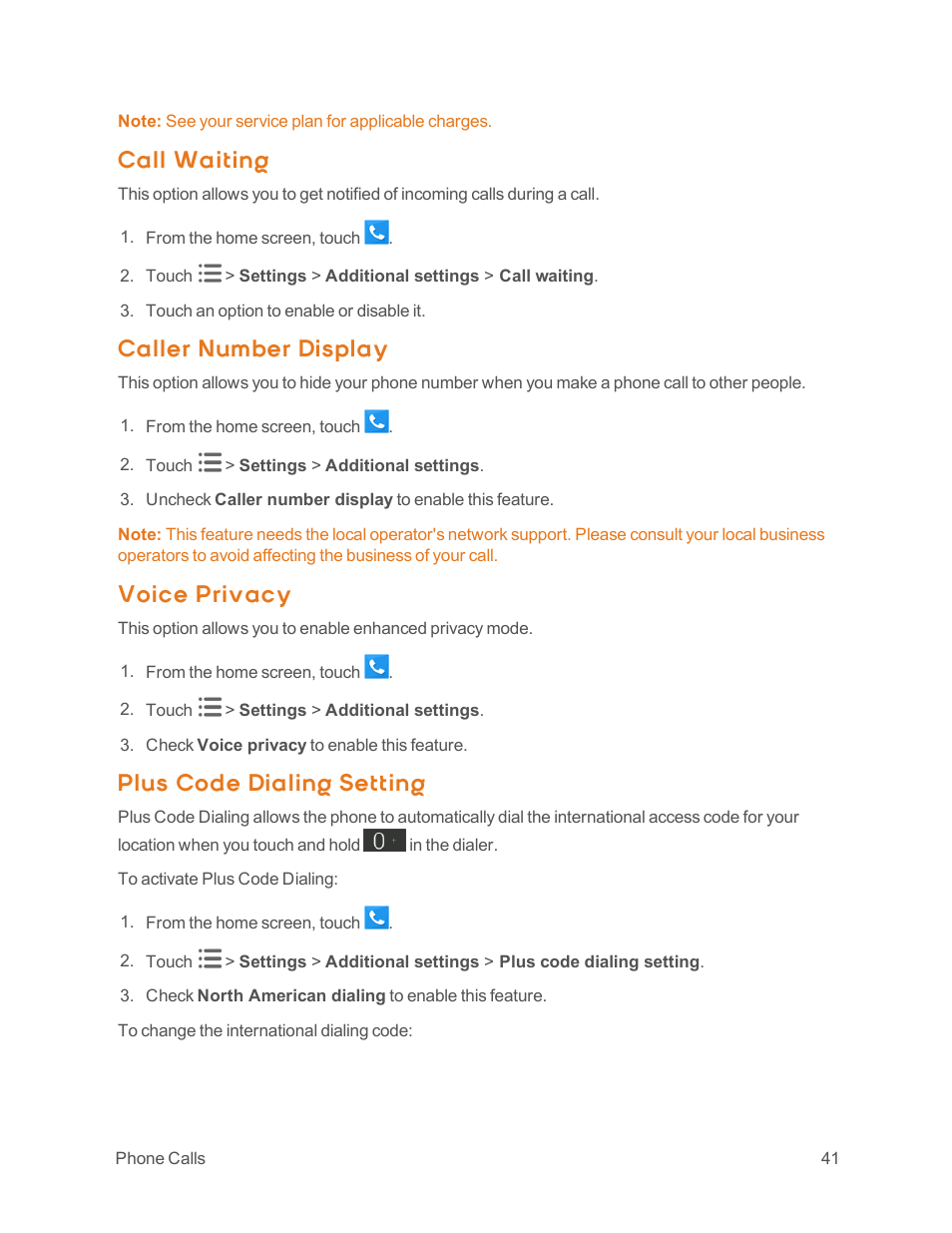 Call waiting, Caller number display, Voice privacy | Plus code dialing setting | ZTE Speed User Manual | Page 51 / 162