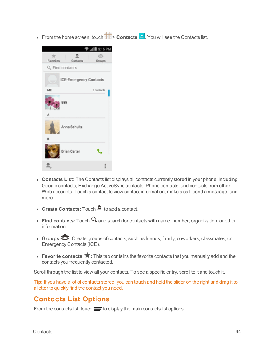 Contacts list options | ZTE Speed User Manual | Page 54 / 162