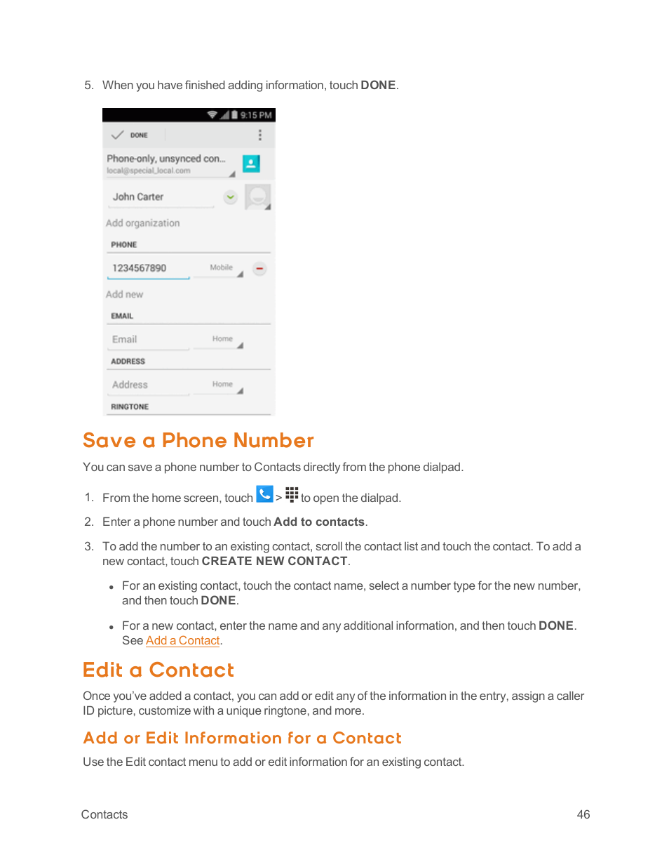 Save a phone number, Edit a contact, Add or edit information for a contact | ZTE Speed User Manual | Page 56 / 162