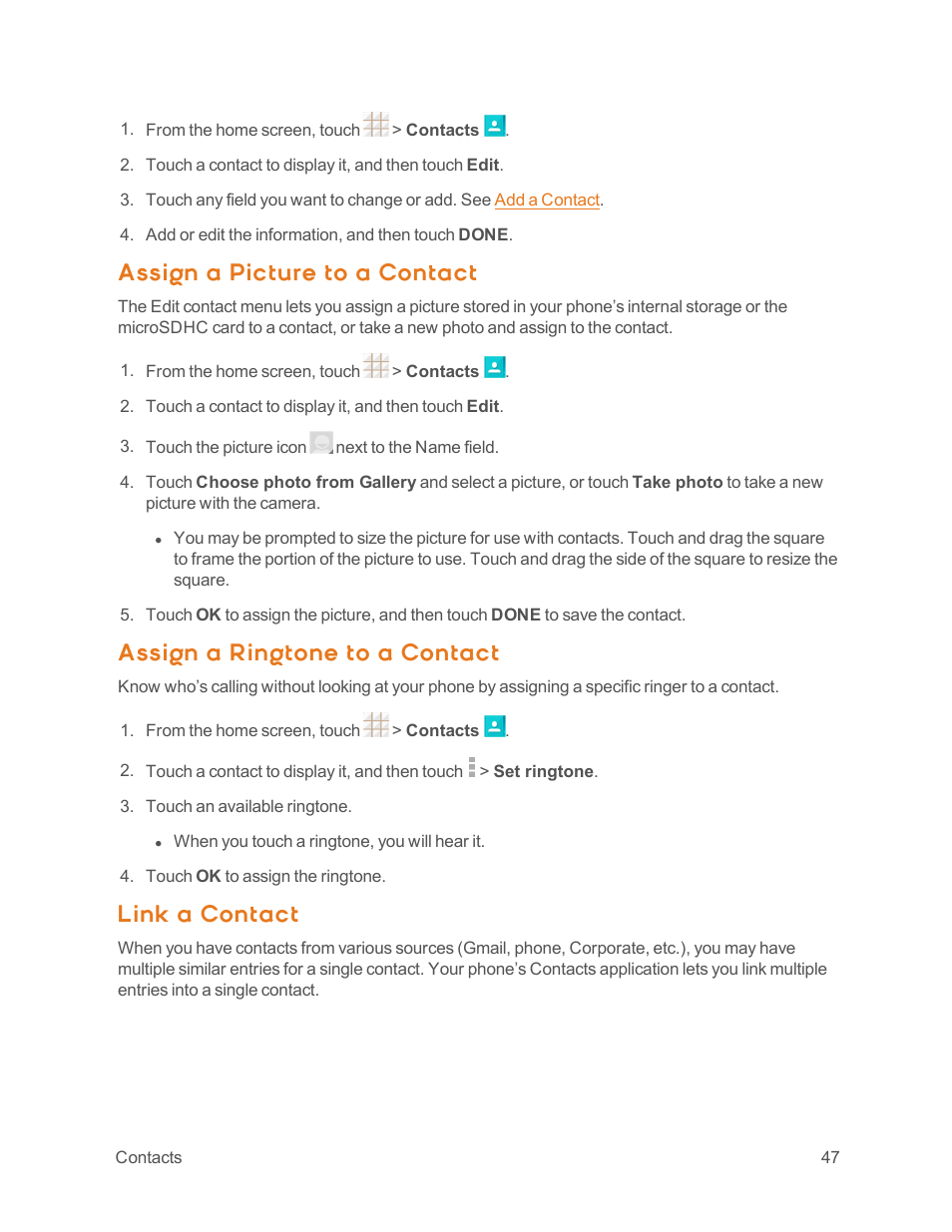 Assign a picture to a contact, Assign a ringtone to a contact, Link a contact | ZTE Speed User Manual | Page 57 / 162