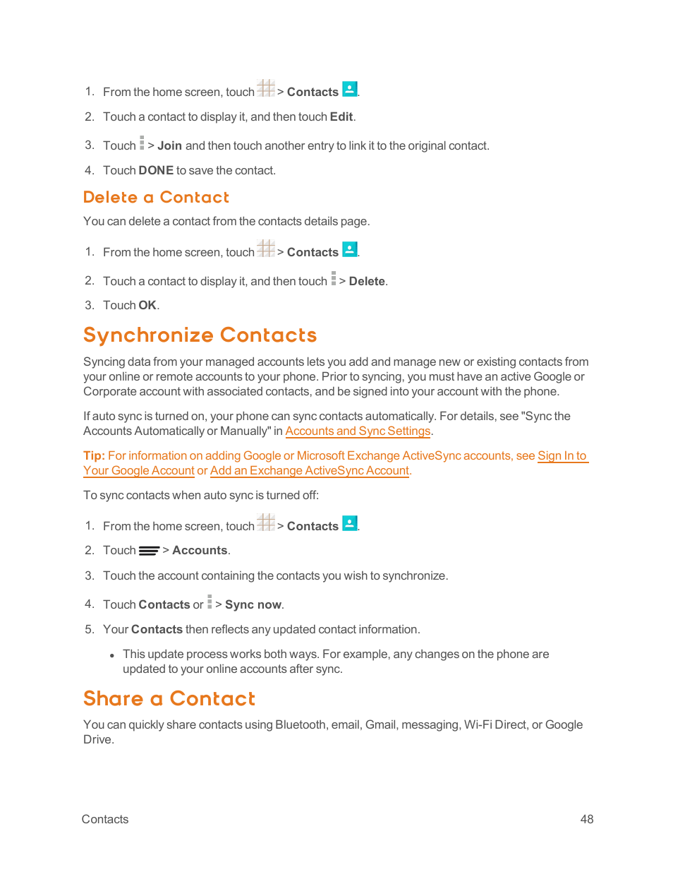 Delete a contact, Synchronize contacts, Share a contact | ZTE Speed User Manual | Page 58 / 162