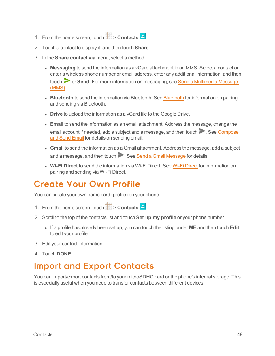 Create your own profile, Import and export contacts | ZTE Speed User Manual | Page 59 / 162