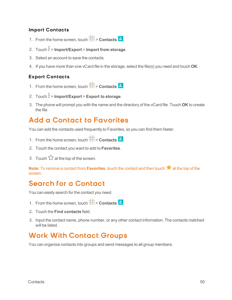 Add a contact to favorites, Search for a contact, Work with contact groups | ZTE Speed User Manual | Page 60 / 162