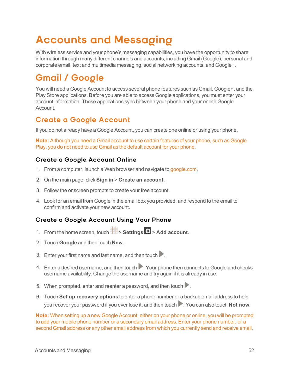 Accounts and messaging, Gmail / google, Create a google account | ZTE Speed User Manual | Page 62 / 162