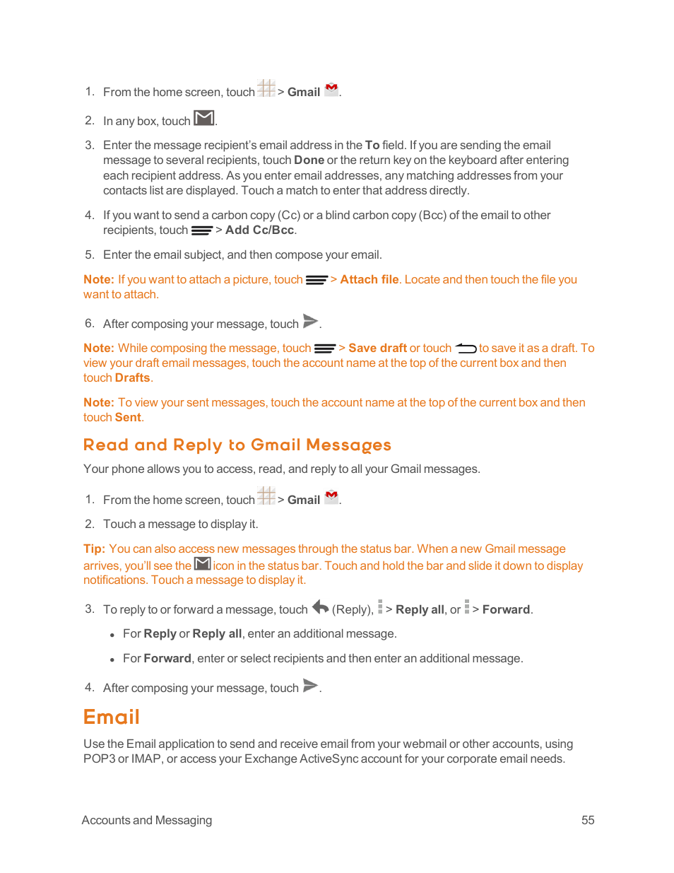 Read and reply to gmail messages, Email | ZTE Speed User Manual | Page 65 / 162