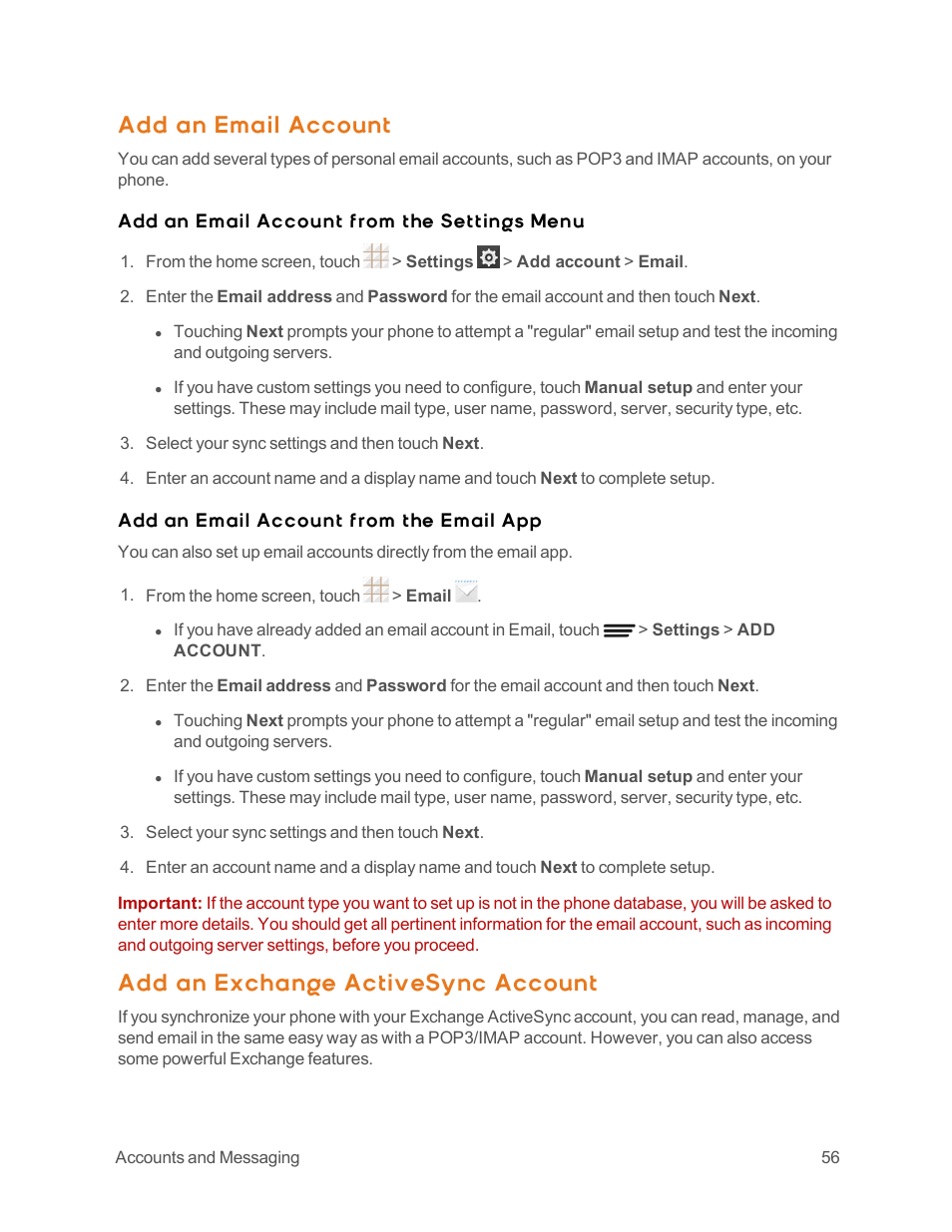 Add an email account, Add an exchange activesync account, Add an email account from the settings menu | Add an email account from the email app | ZTE Speed User Manual | Page 66 / 162