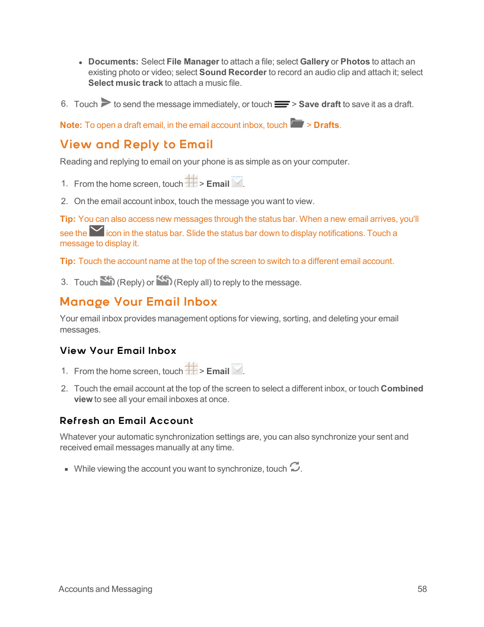 View and reply to email, Manage your email inbox | ZTE Speed User Manual | Page 68 / 162