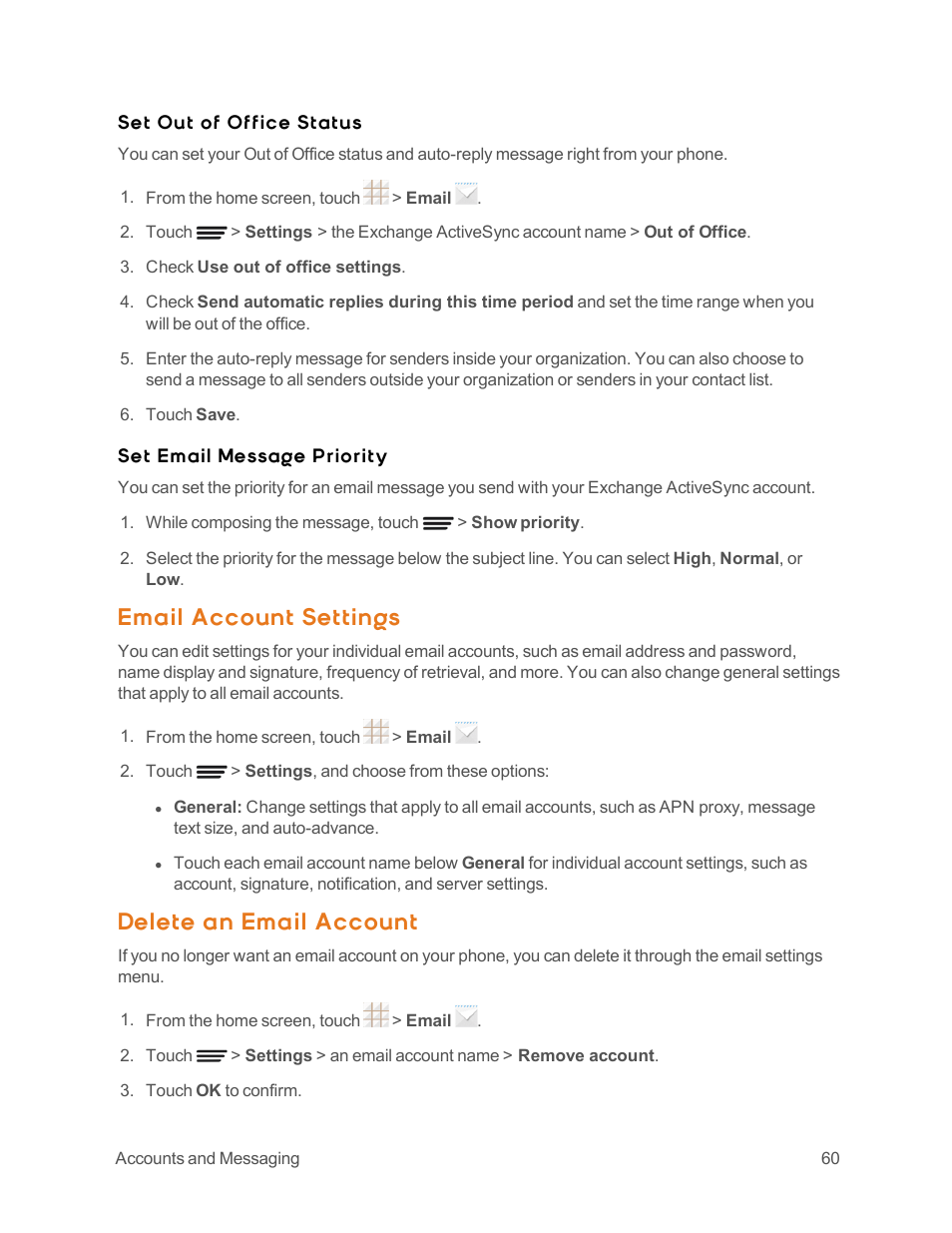 Email account settings, Delete an email account | ZTE Speed User Manual | Page 70 / 162
