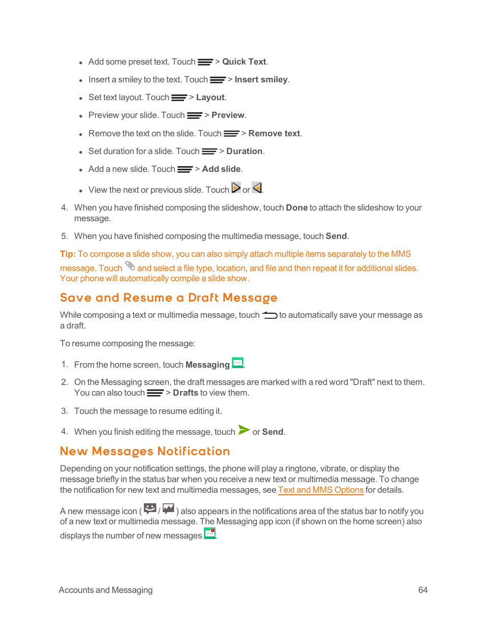 Save and resume a draft message, New messages notification | ZTE Speed User Manual | Page 74 / 162