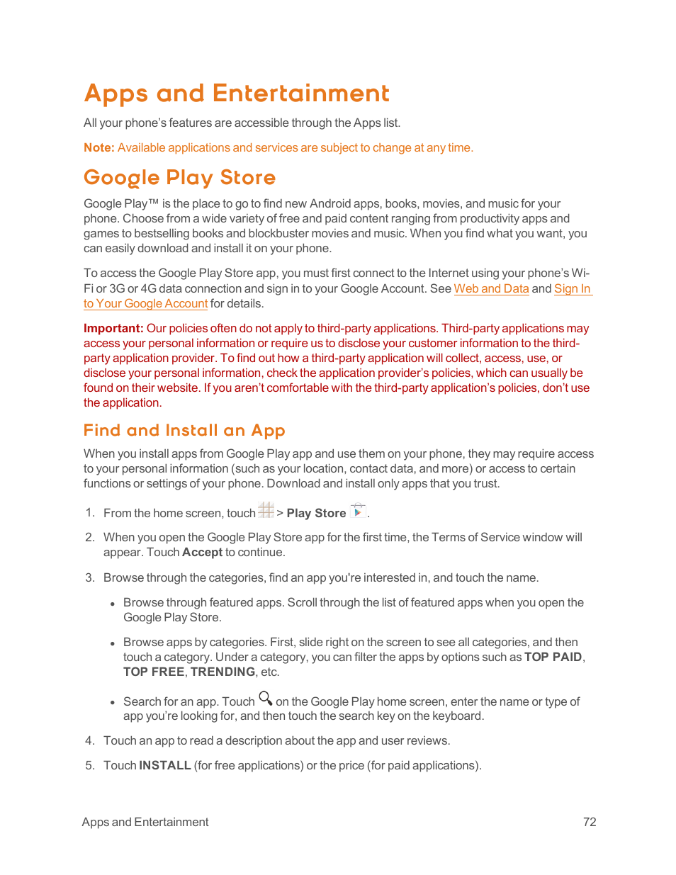 Apps and entertainment, Google play store, Find and install an app | ZTE Speed User Manual | Page 82 / 162