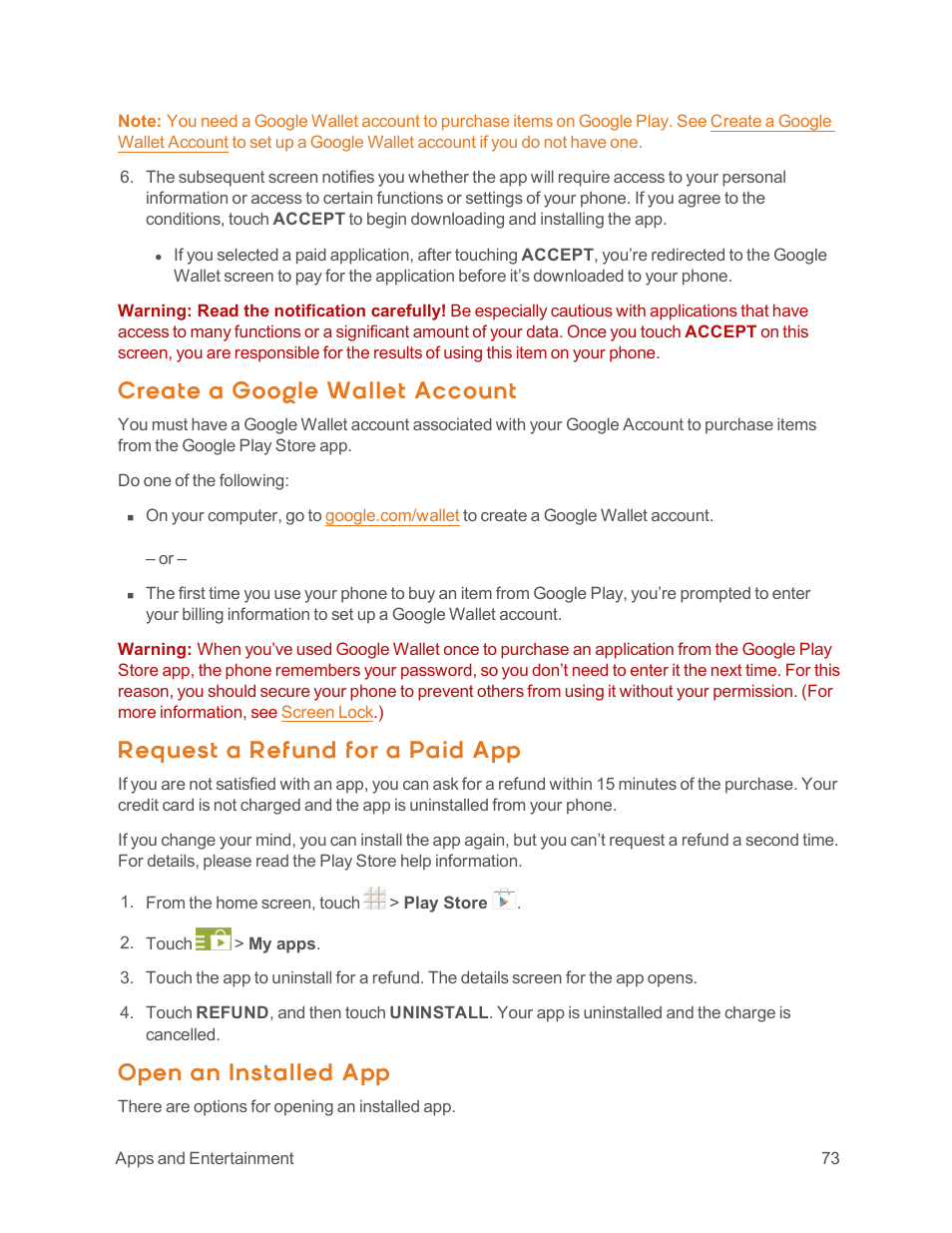 Create a google wallet account, Request a refund for a paid app, Open an installed app | ZTE Speed User Manual | Page 83 / 162