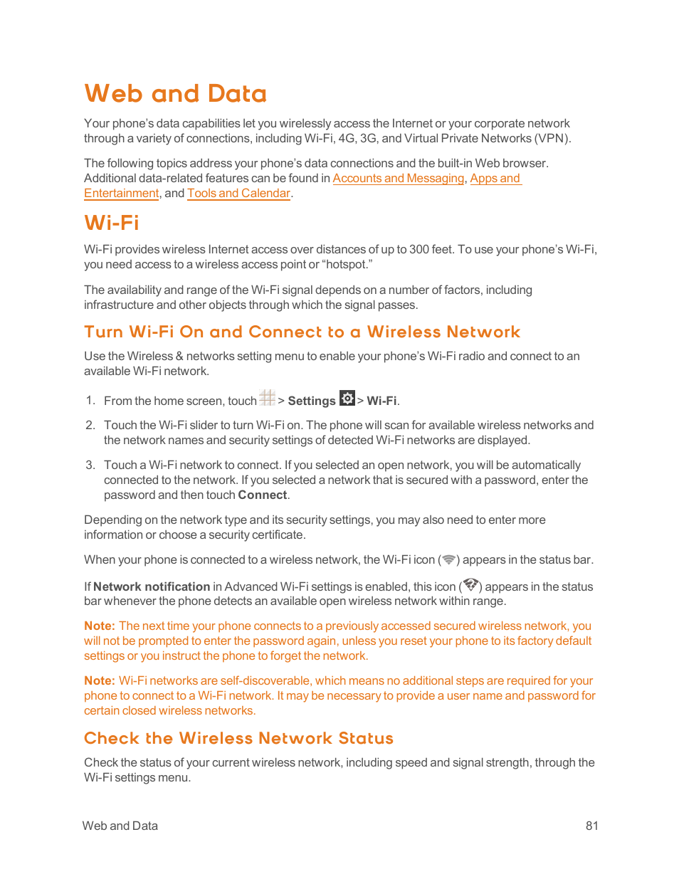 Web and data, Wi-fi, Turn wi-fi on and connect to a wireless network | Check the wireless network status | ZTE Speed User Manual | Page 91 / 162