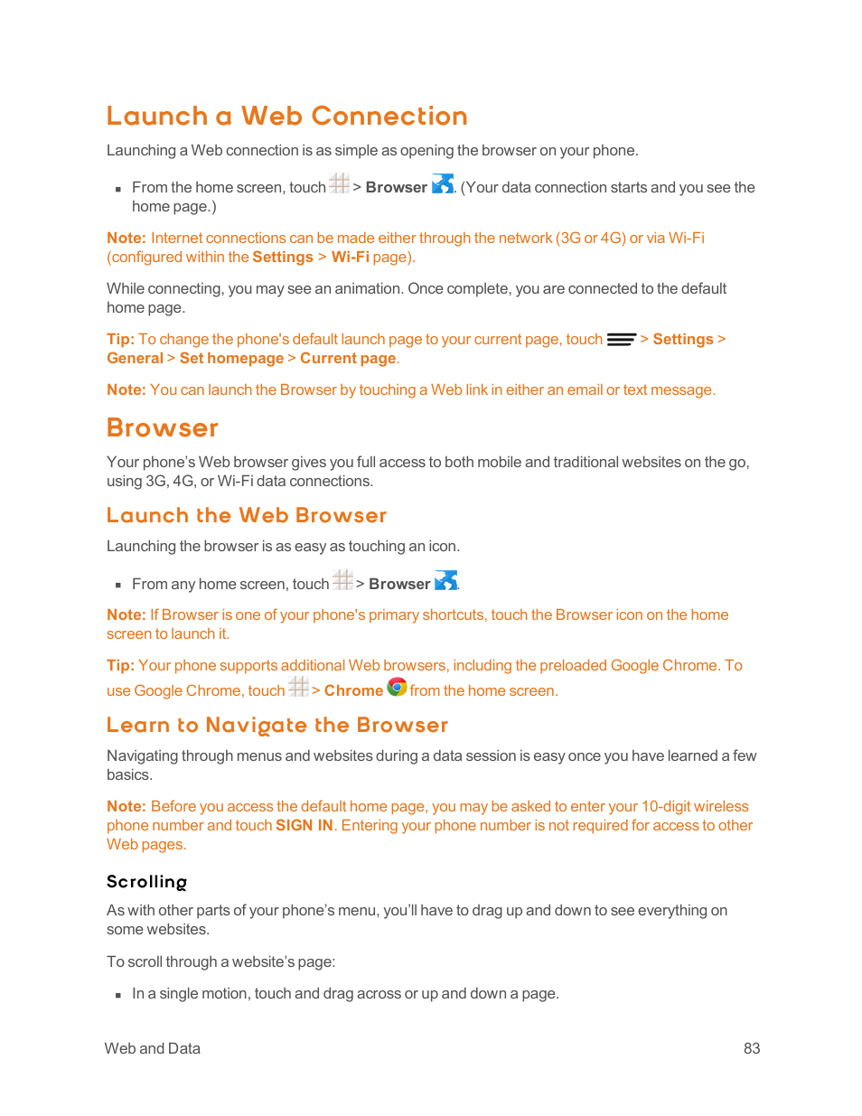 Launch a web connection, Browser, Launch the web browser | Learn to navigate the browser | ZTE Speed User Manual | Page 93 / 162