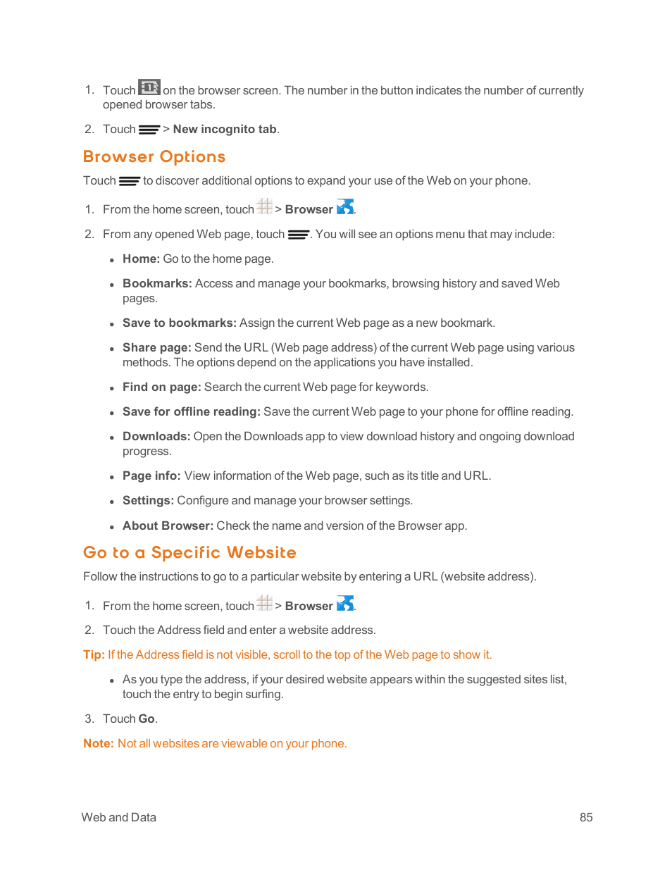 Browser options, Go to a specific website | ZTE Speed User Manual | Page 95 / 162