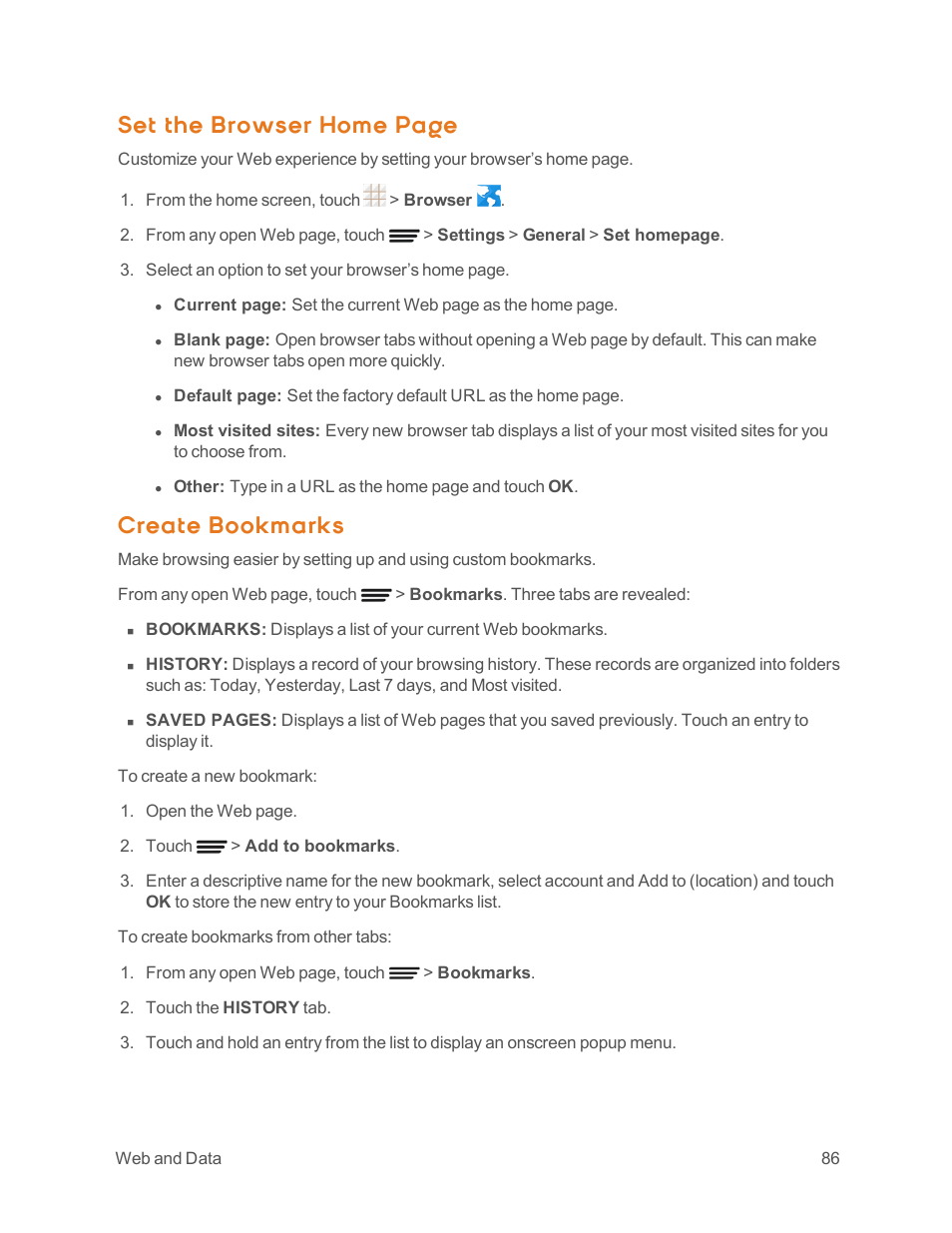 Create bookmarks, Set the browser home page | ZTE Speed User Manual | Page 96 / 162
