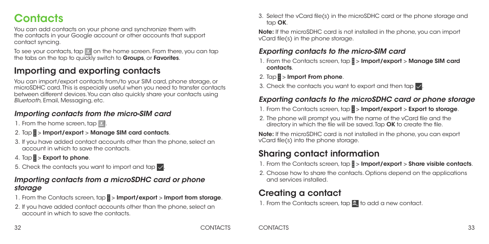 Contacts, Importing and exporting contacts, Sharing contact information | Creating a contact | ZTE Grand X Max+ User Manual | Page 18 / 60