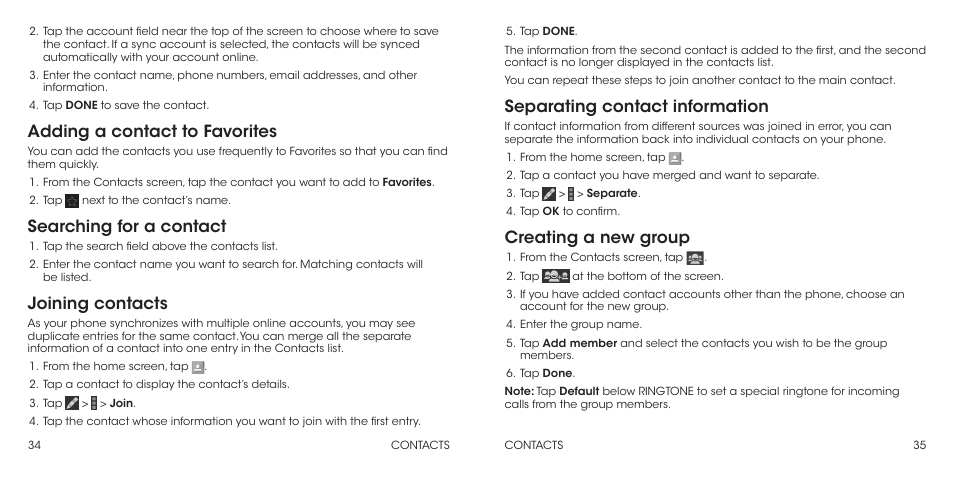 Adding a contact to favorites, Searching for a contact, Joining contacts | Separating contact information, Creating a new group | ZTE Grand X Max+ User Manual | Page 19 / 60