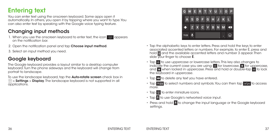 Entering text, Changing input methods, Google keyboard | ZTE Grand X Max+ User Manual | Page 20 / 60
