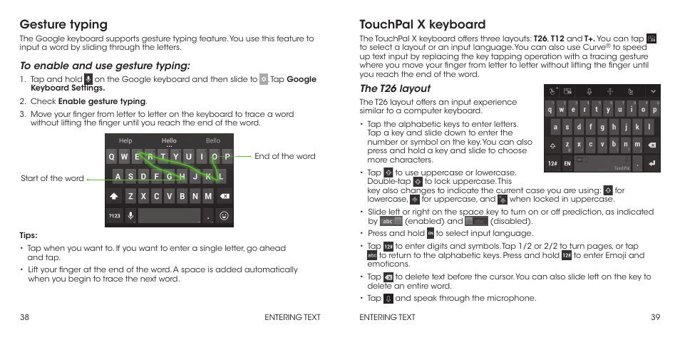 Gesture typing, Touchpal x keyboard, The t26 layout | ZTE Grand X Max+ User Manual | Page 21 / 60