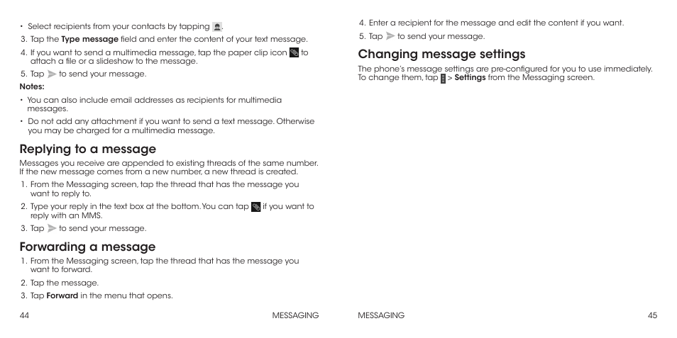 Replying to a message, Forwarding a message, Changing message settings | ZTE Grand X Max+ User Manual | Page 24 / 60