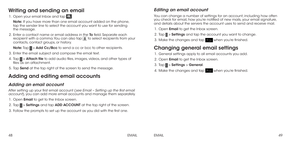 Writing and sending an email, Adding and editing email accounts, Changing general email settings | ZTE Grand X Max+ User Manual | Page 26 / 60