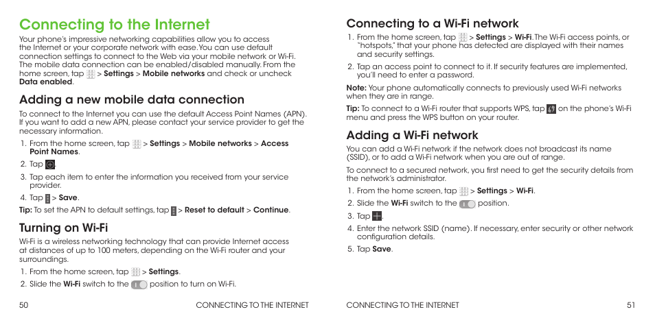 Connecting to the internet, Adding a new mobile data connection, Turning on wi-fi | Connecting to a wi-fi network, Adding a wi-fi network | ZTE Grand X Max+ User Manual | Page 27 / 60