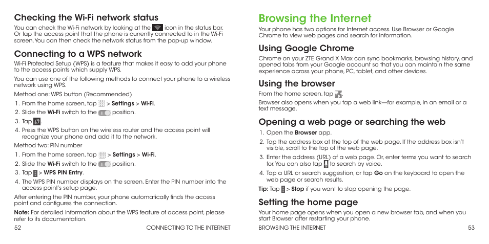 Browsing the internet, Checking the wi-fi network status, Connecting to a wps network | Using google chrome, Using the browser, Opening a web page or searching the web, Setting the home page | ZTE Grand X Max+ User Manual | Page 28 / 60