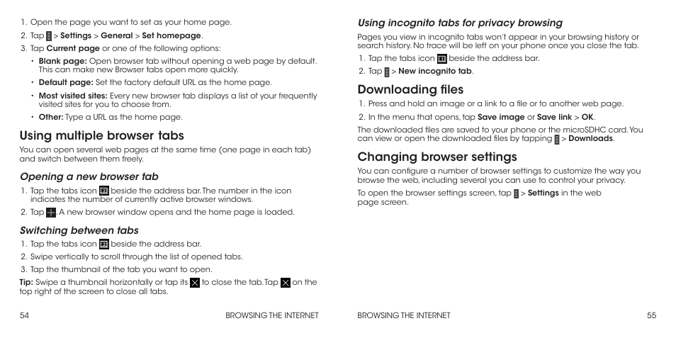 Using multiple browser tabs, Downloading files, Changing browser settings | ZTE Grand X Max+ User Manual | Page 29 / 60