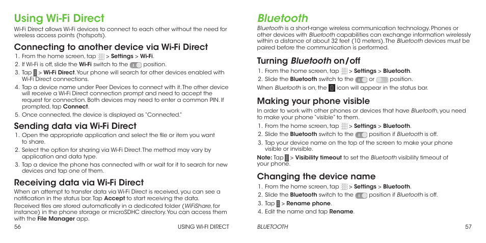 Using wi-fi direct, Bluetooth, Connecting to another device via wi-fi direct | Sending data via wi-fi direct, Receiving data via wi-fi direct, Turning bluetooth on/off, Making your phone visible, Changing the device name | ZTE Grand X Max+ User Manual | Page 30 / 60