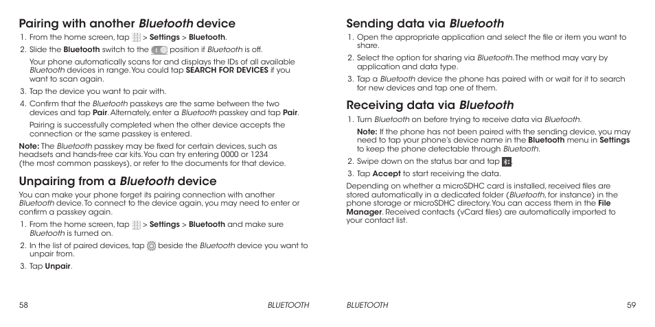 Pairing with another bluetooth device, Unpairing from a bluetooth device, Sending data via bluetooth | Receiving data via bluetooth | ZTE Grand X Max+ User Manual | Page 31 / 60