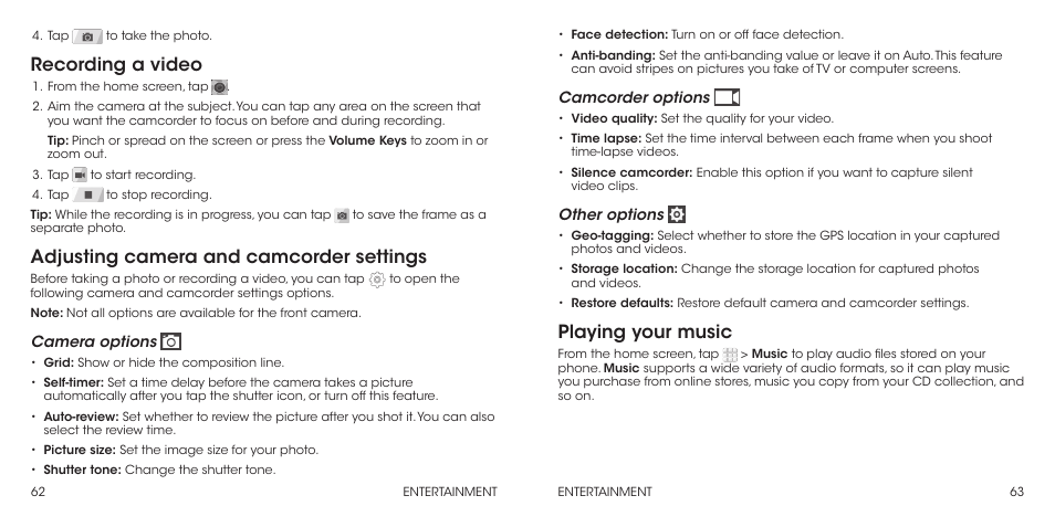 Recording a video, Adjusting camera and camcorder settings, Playing your music | ZTE Grand X Max+ User Manual | Page 33 / 60