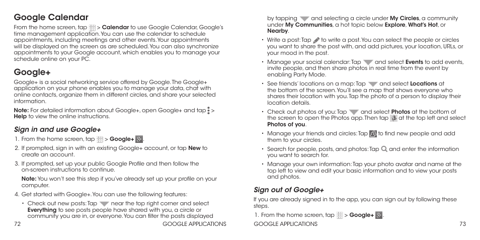 Google calendar, Google, Sign in and use google | Sign out of google | ZTE Grand X Max+ User Manual | Page 38 / 60
