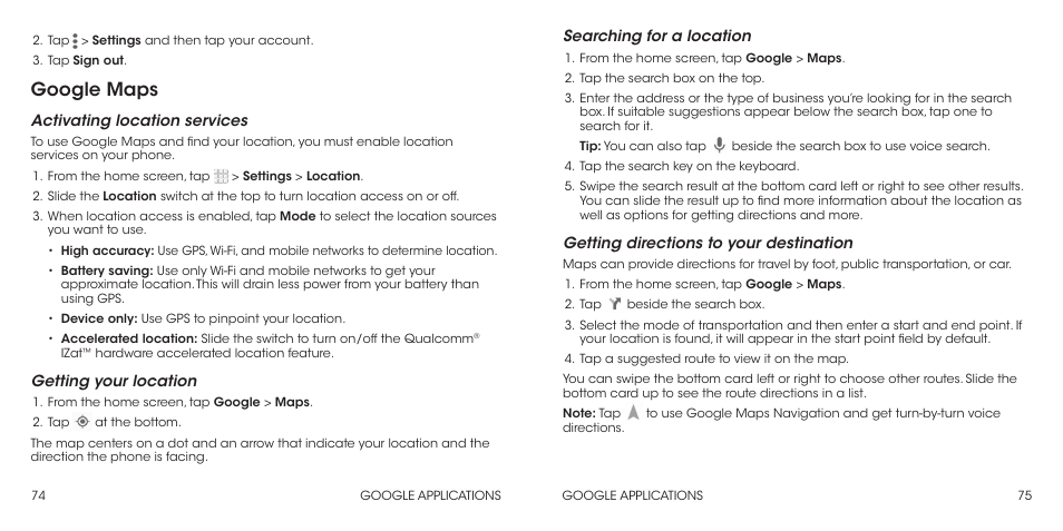 Google maps, Activating location services, Getting your location | Searching for a location, Getting directions to your destination | ZTE Grand X Max+ User Manual | Page 39 / 60