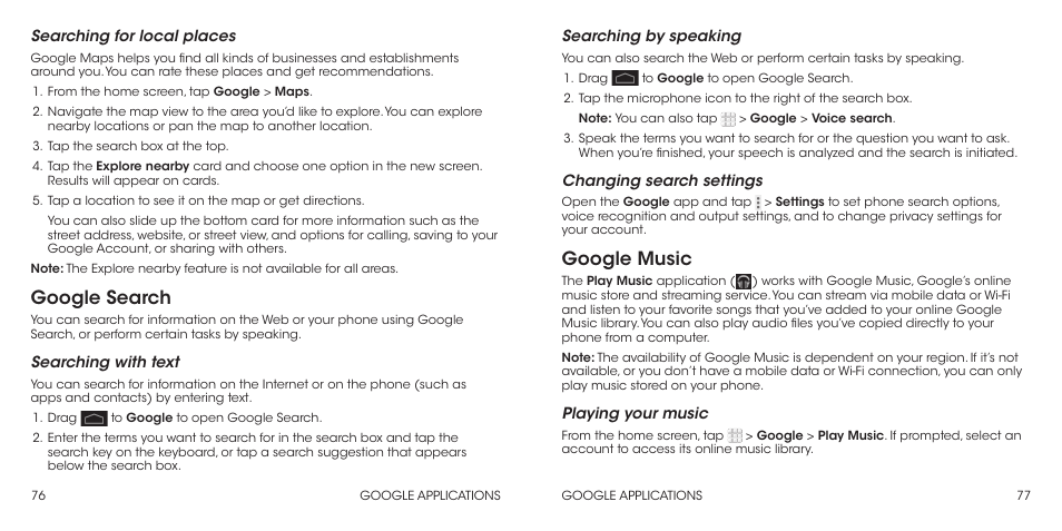 Google search, Google music | ZTE Grand X Max+ User Manual | Page 40 / 60