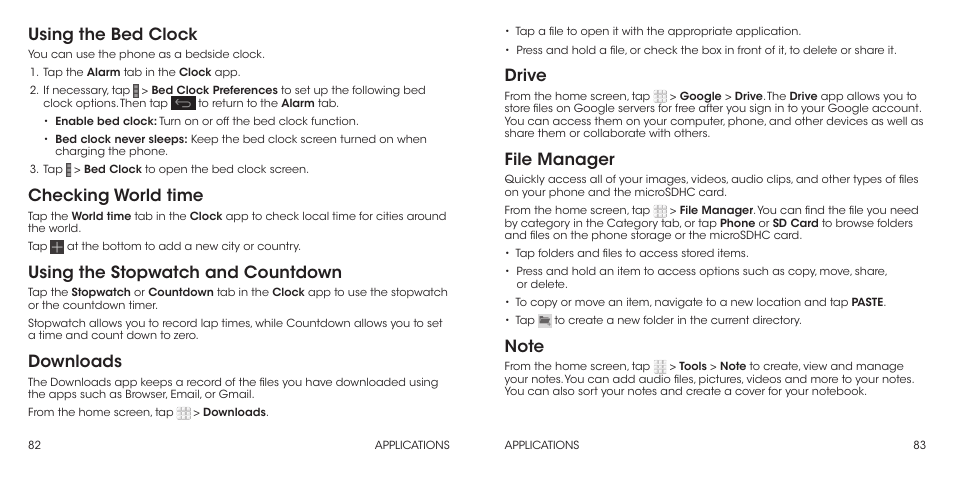 Using the bed clock, Checking world time, Using the stopwatch and countdown | Downloads, Drive, File manager | ZTE Grand X Max+ User Manual | Page 43 / 60