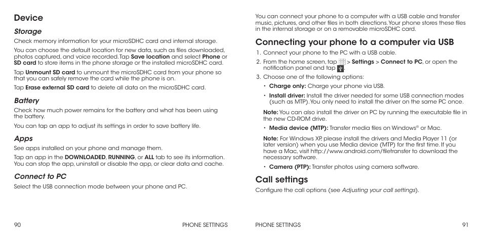 Device, Connecting your phone to a computer via usb, Call settings | ZTE Grand X Max+ User Manual | Page 47 / 60
