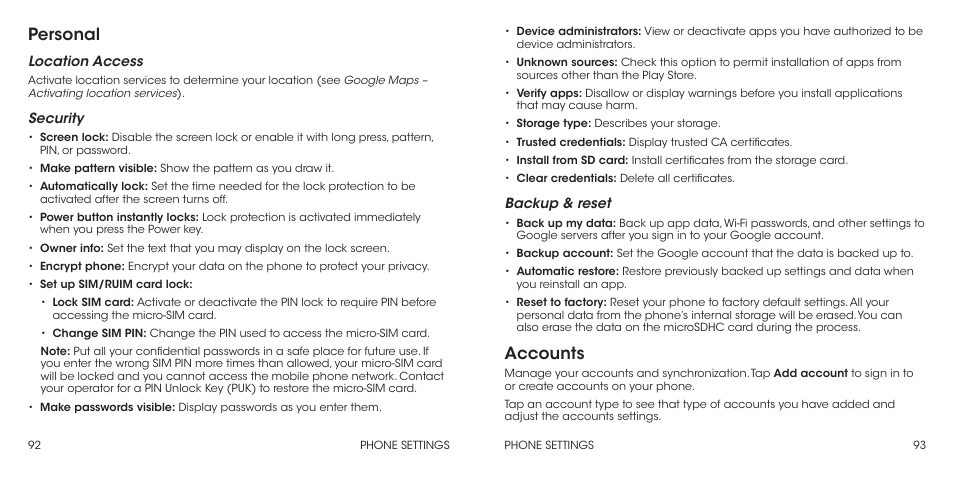 Personal, Accounts | ZTE Grand X Max+ User Manual | Page 48 / 60
