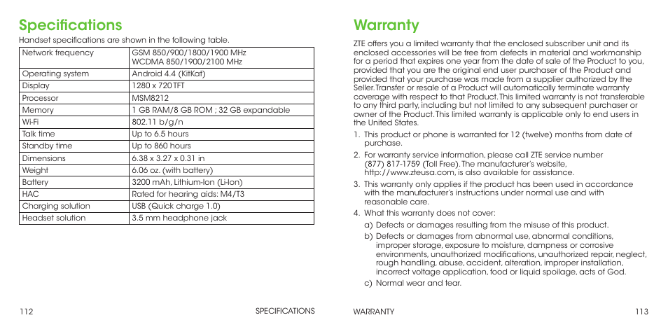 Specifications, Warranty | ZTE Grand X Max+ User Manual | Page 58 / 60