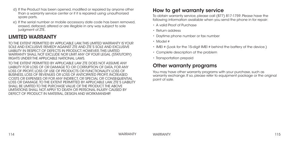 Limited warranty, How to get warranty service, Other warranty programs | ZTE Grand X Max+ User Manual | Page 59 / 60