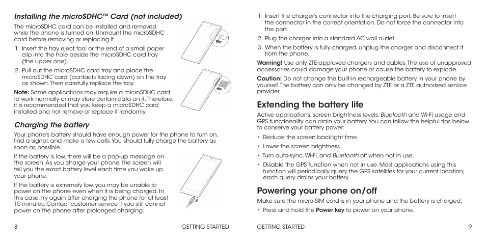 Extending the battery life, Powering your phone on/off | ZTE Grand X Max+ User Manual | Page 6 / 60