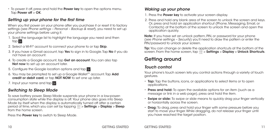 Getting around, Setting up your phone for the first time, Switching to sleep mode | Waking up your phone, Touch control | ZTE Grand X Max+ User Manual | Page 7 / 60
