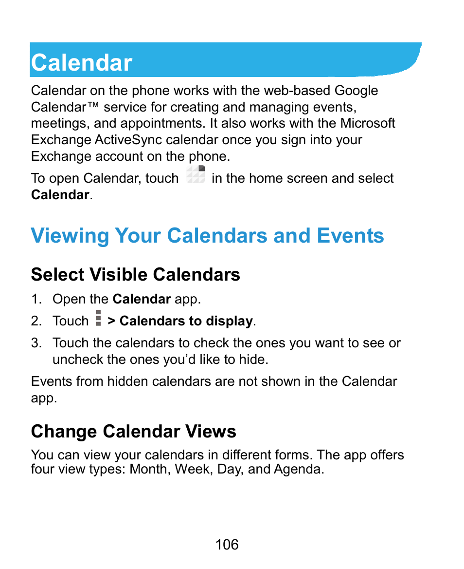 Calendar, Viewing your calendars and events, Select visible calendars | Change calendar views | ZTE Grand X Plus User Manual | Page 106 / 184
