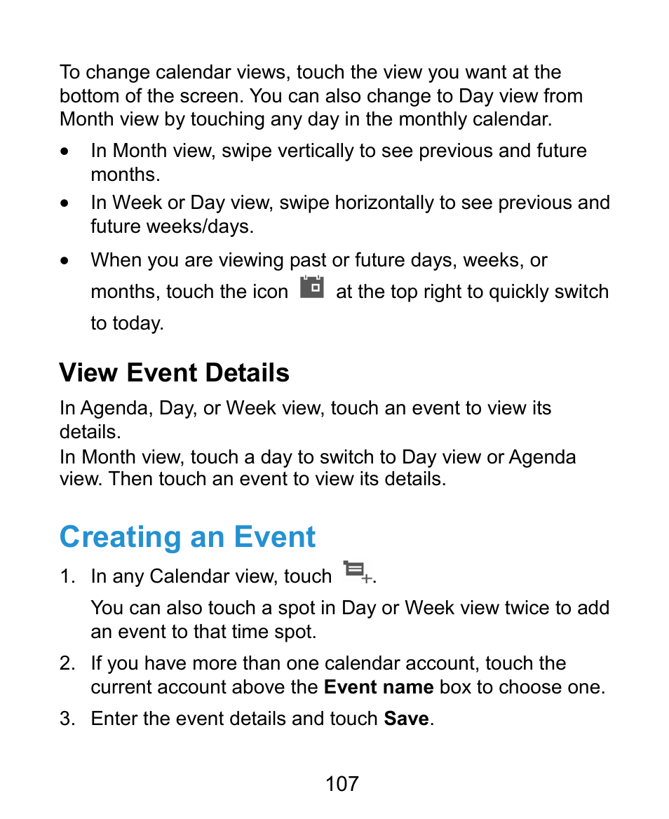 Creating an event, View event details | ZTE Grand X Plus User Manual | Page 107 / 184