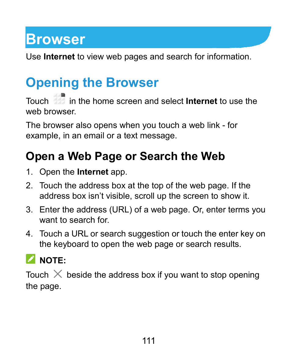 Browser, Opening the browser, Open a web page or search the web | ZTE Grand X Plus User Manual | Page 111 / 184