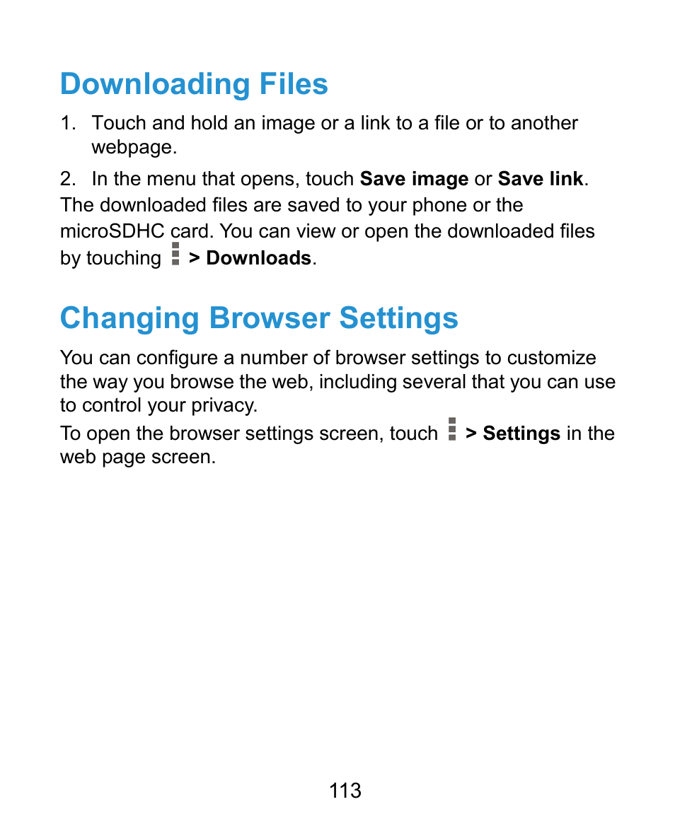 Downloading files, Changing browser settings | ZTE Grand X Plus User Manual | Page 113 / 184