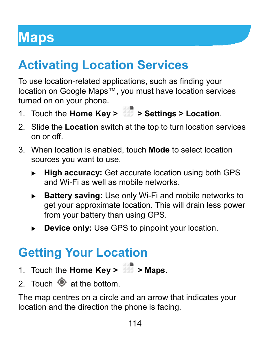 Maps, Activating location services, Getting your location | ZTE Grand X Plus User Manual | Page 114 / 184