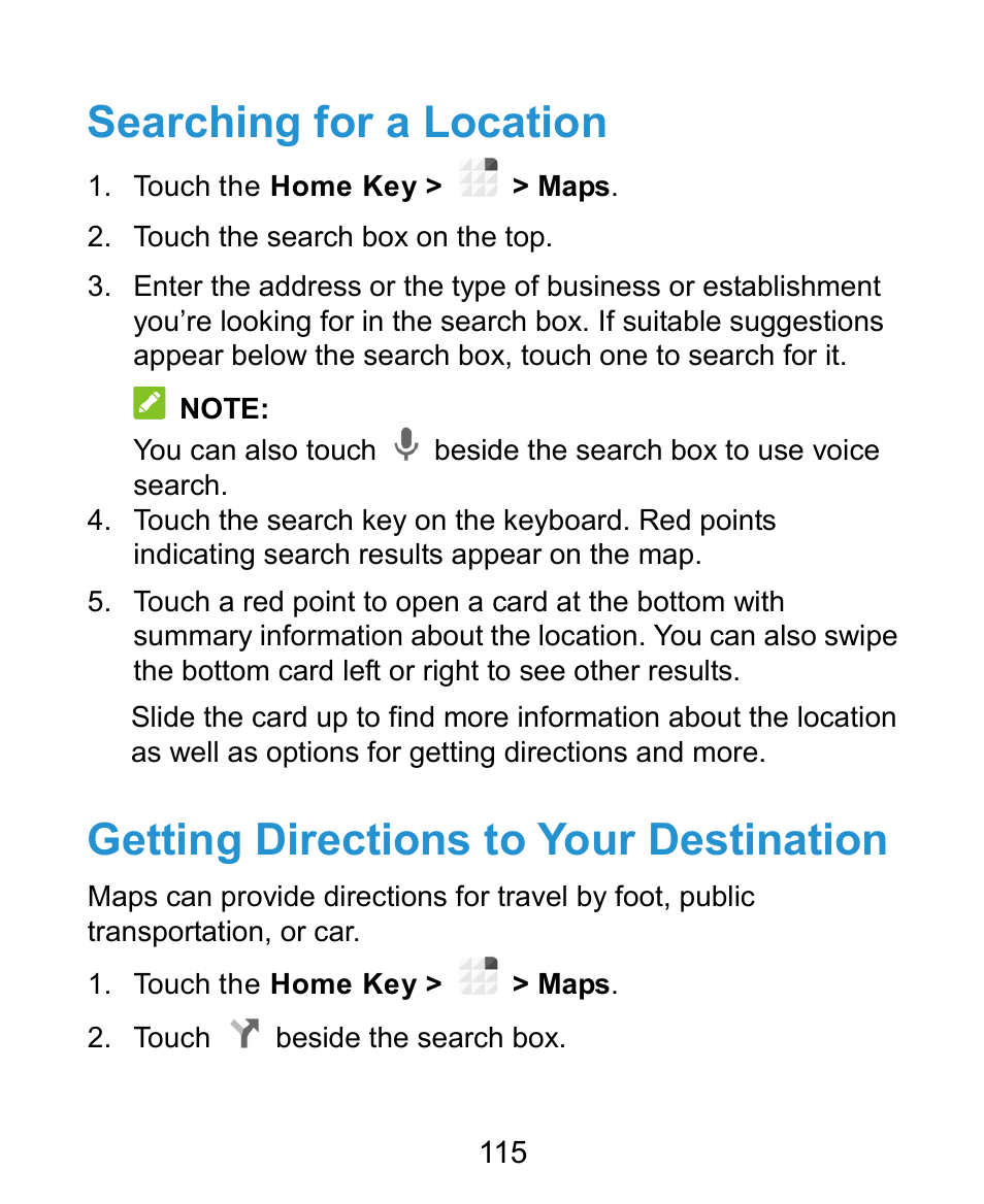 Searching for a location, Getting directions to your destination | ZTE Grand X Plus User Manual | Page 115 / 184