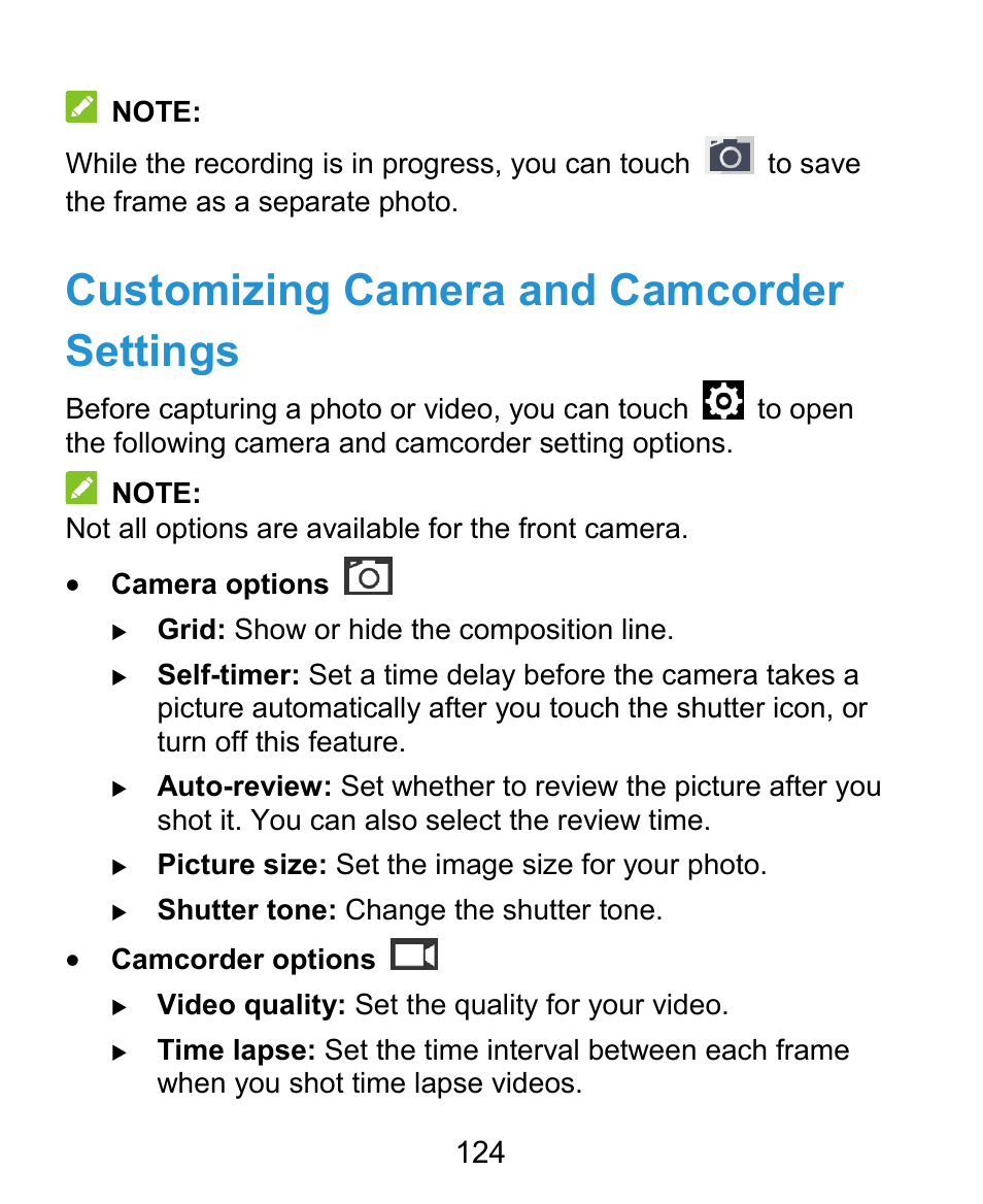 Customizing camera and camcorder settings | ZTE Grand X Plus User Manual | Page 124 / 184