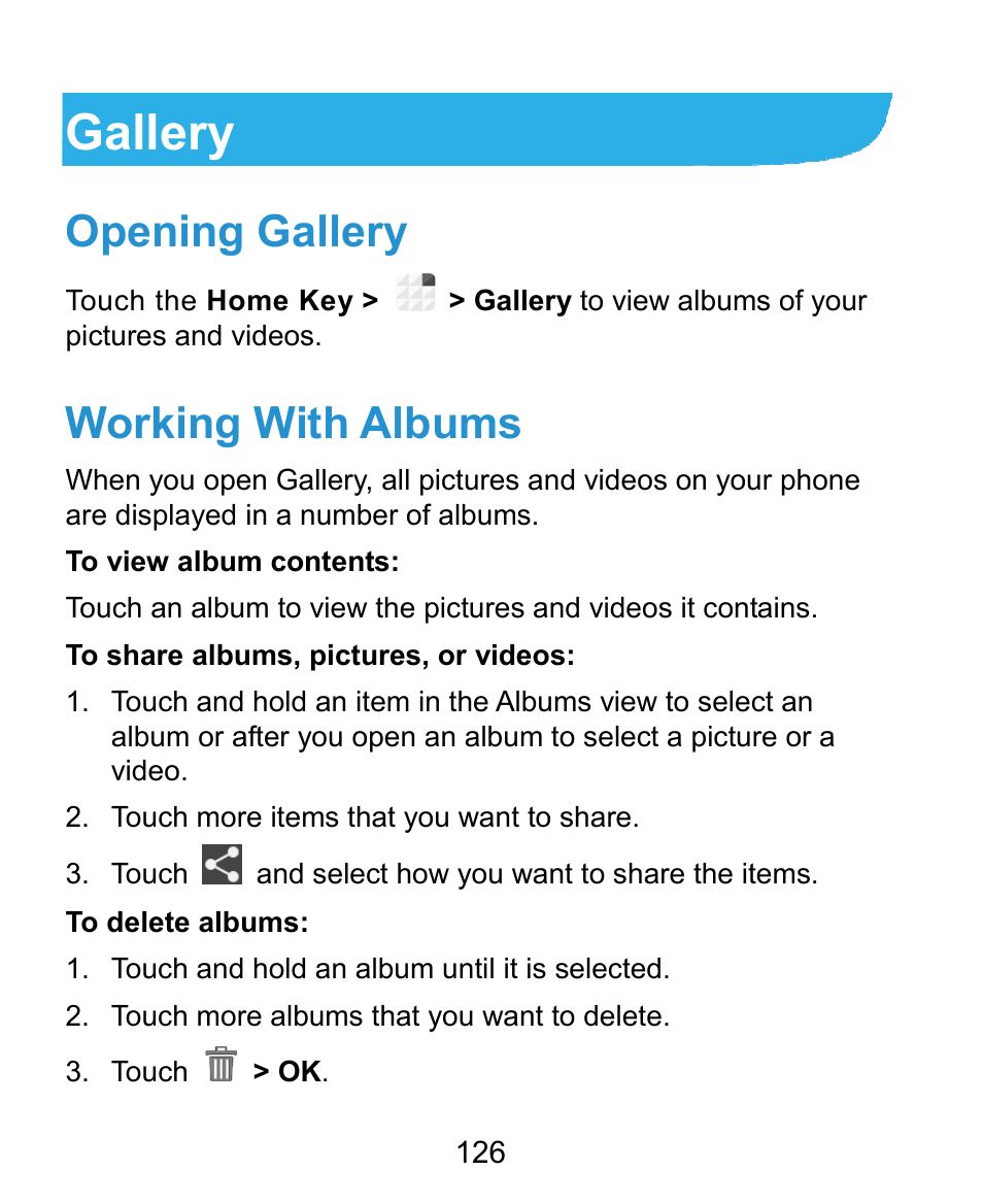Gallery, Opening gallery, Working with albums | ZTE Grand X Plus User Manual | Page 126 / 184